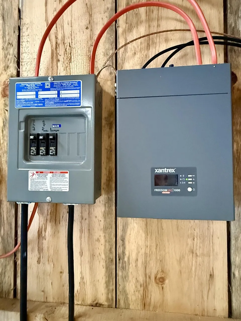 The breaker panel and the inverter with their cables