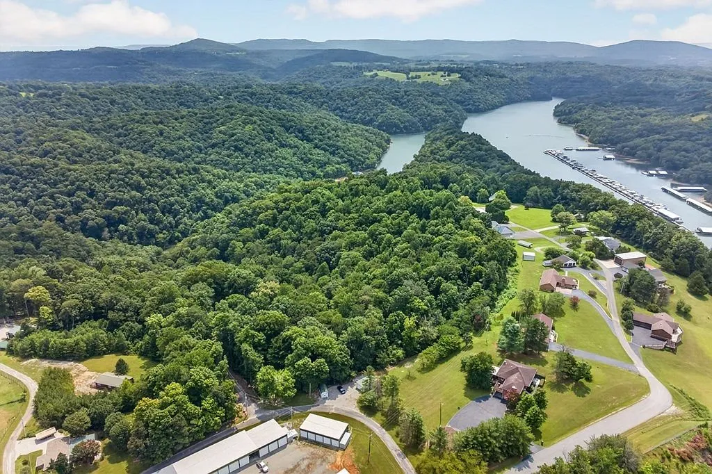 Aerial view of the wooded hills and inlet near the property
