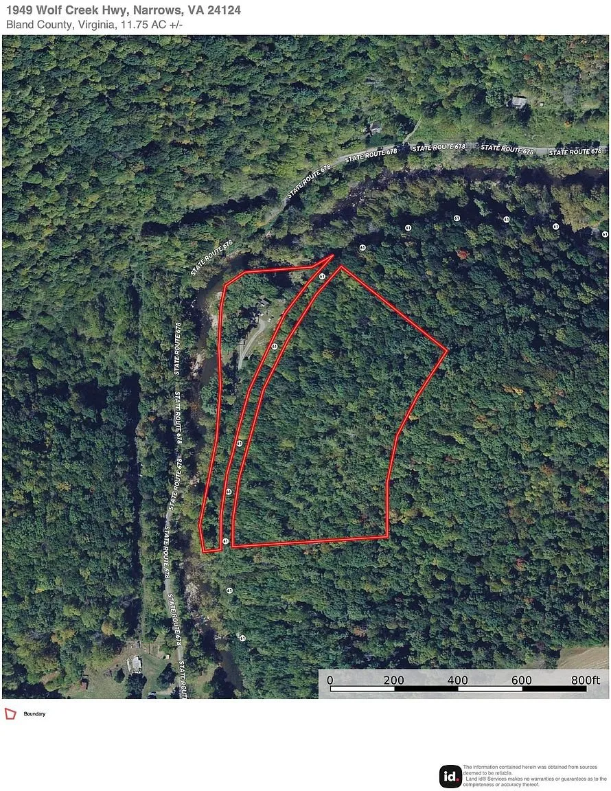 Aerial map with the two tracts outlined along the creek and the road