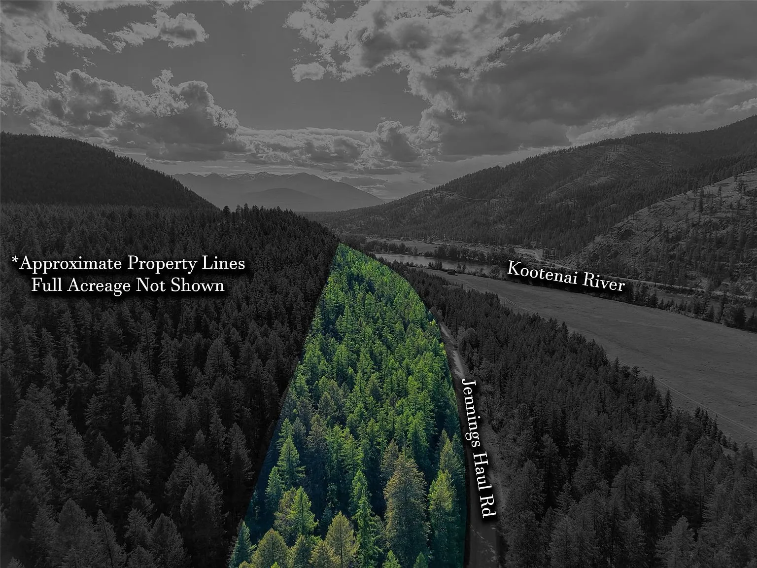 A marked aerial map showing the property lines with the Kootenai River in the distance