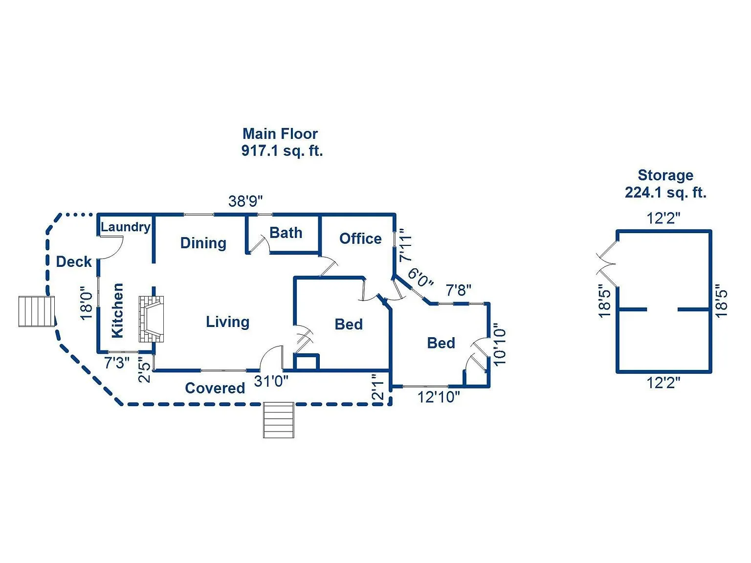 The floor plan with the main floor and the storage building