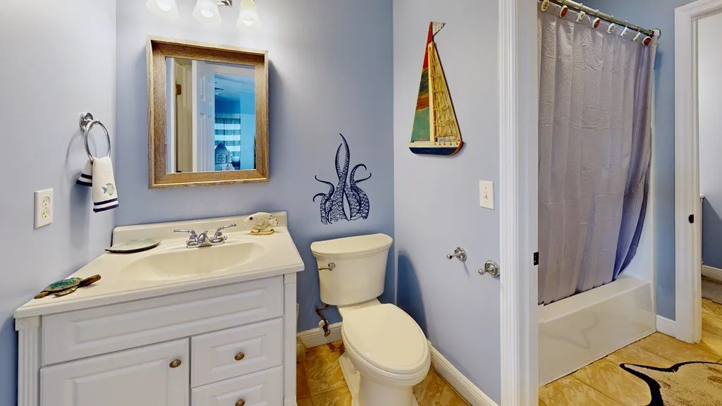 A full bath with a vanity, mirror and shower curtain