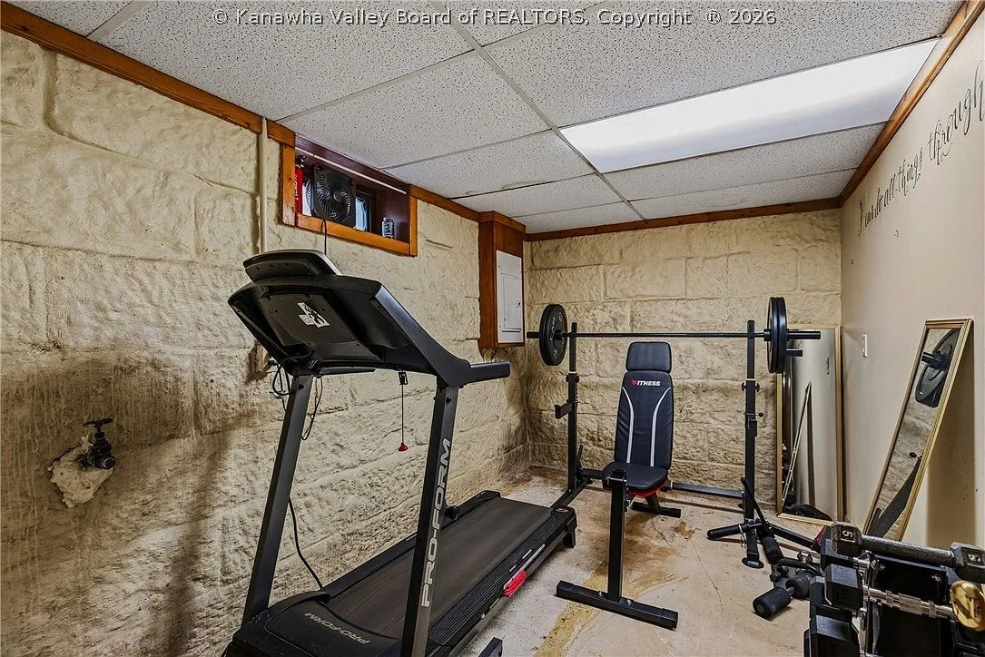 A basement home gym with a treadmill and weight bench