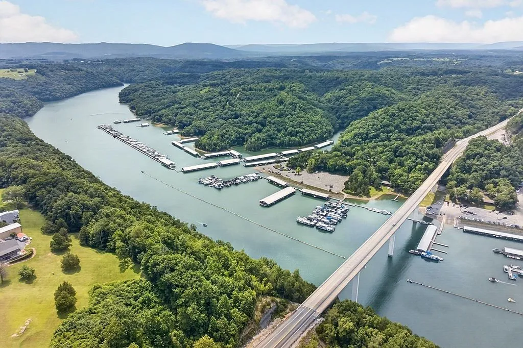 Aerial view of a marina and docks along Dale Hollow Lake