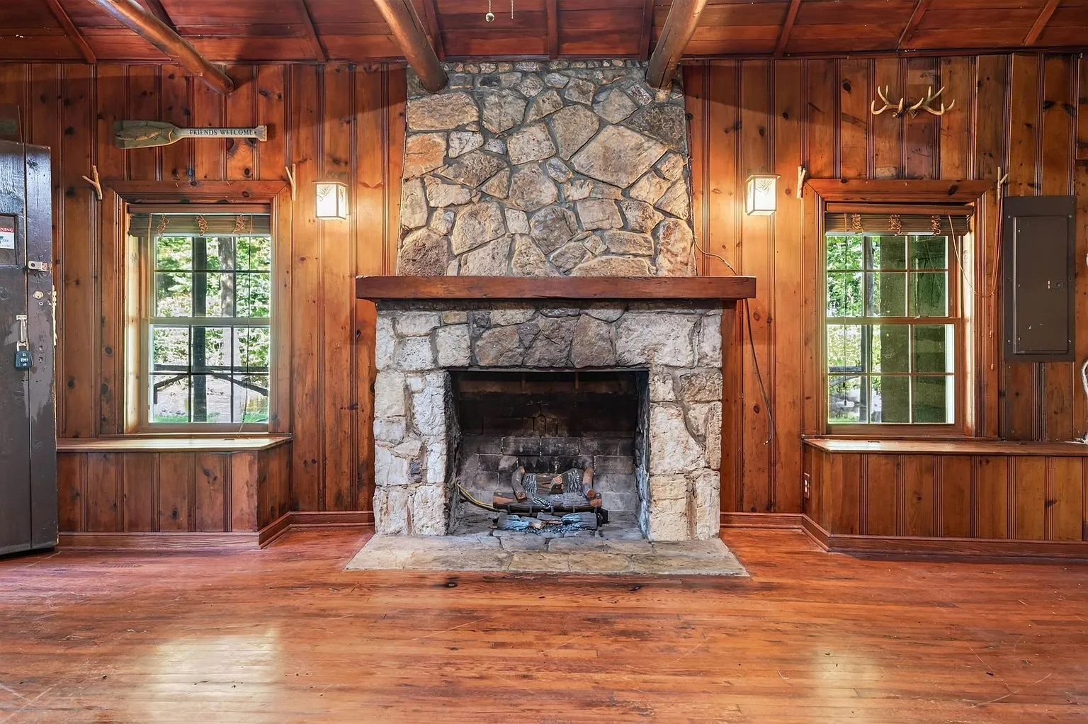 The stone fireplace in the family room