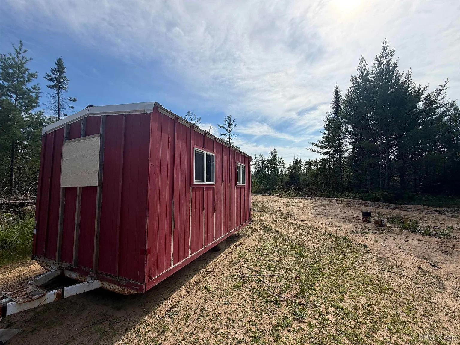 The red shack on its wheels on the 48-acre parcel