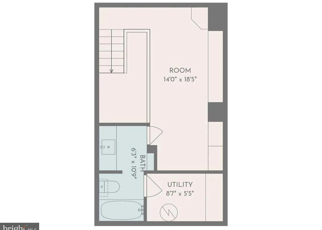 A floor plan showing the lower-level room, bathroom and utility space