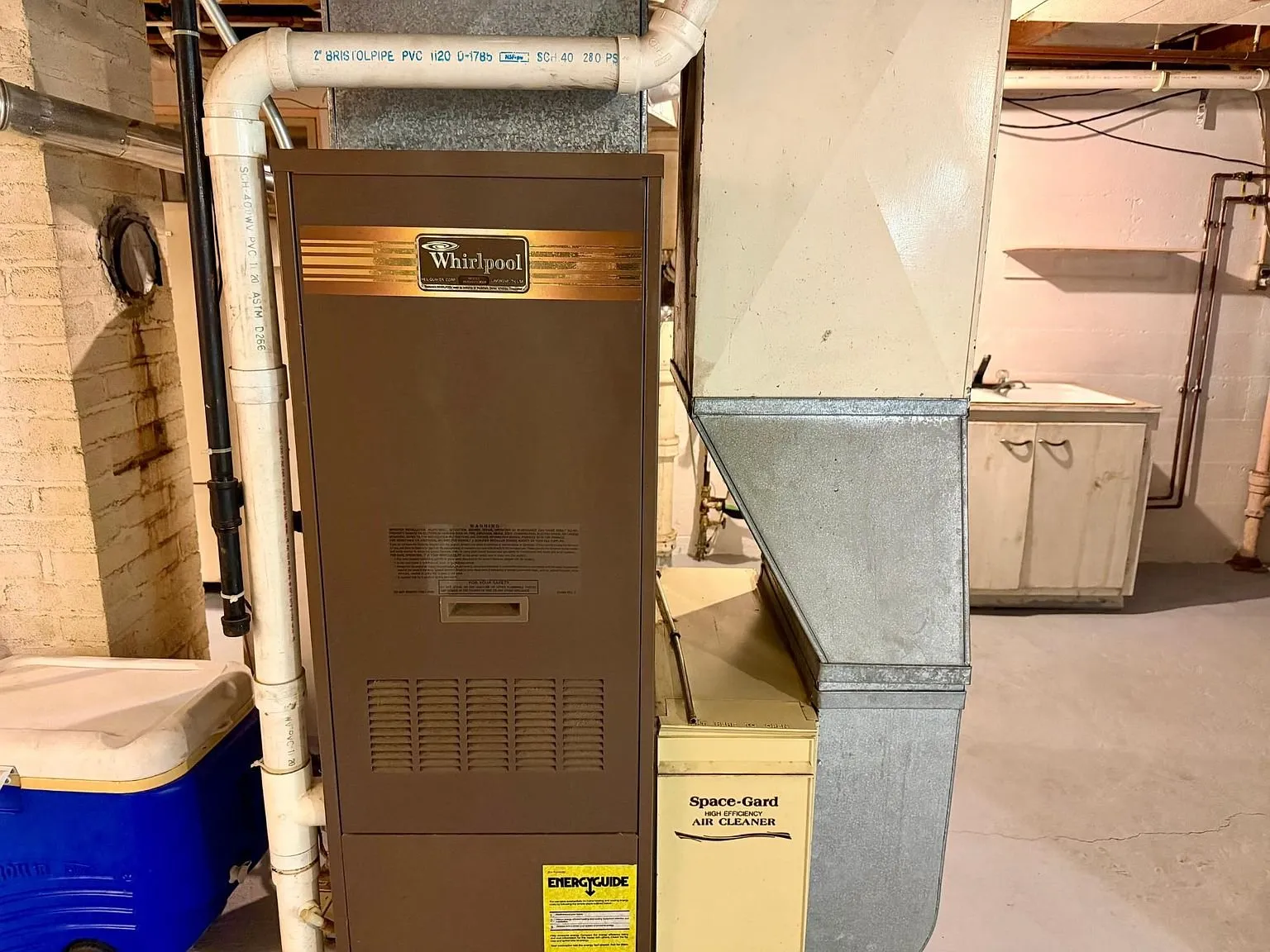 The furnace in the basement