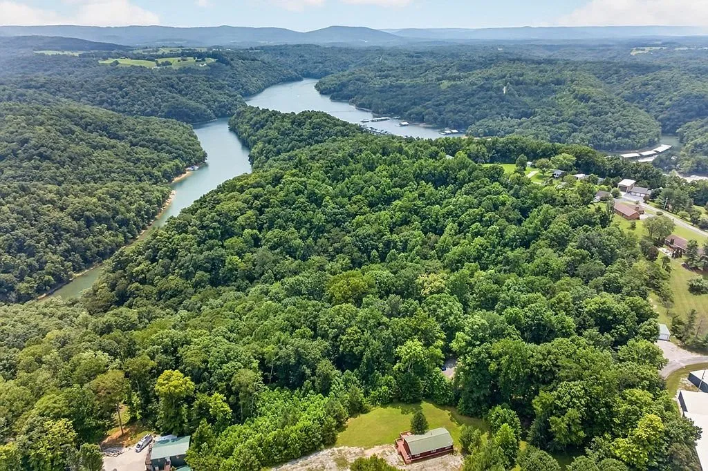 Aerial view of the lake's shoreline cutting through the wooded hills