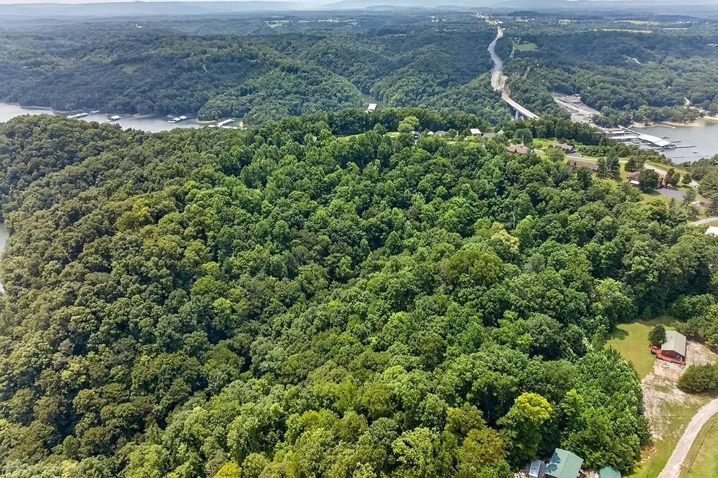 A wide aerial view of Dale Hollow Lake and the surrounding ridgeline