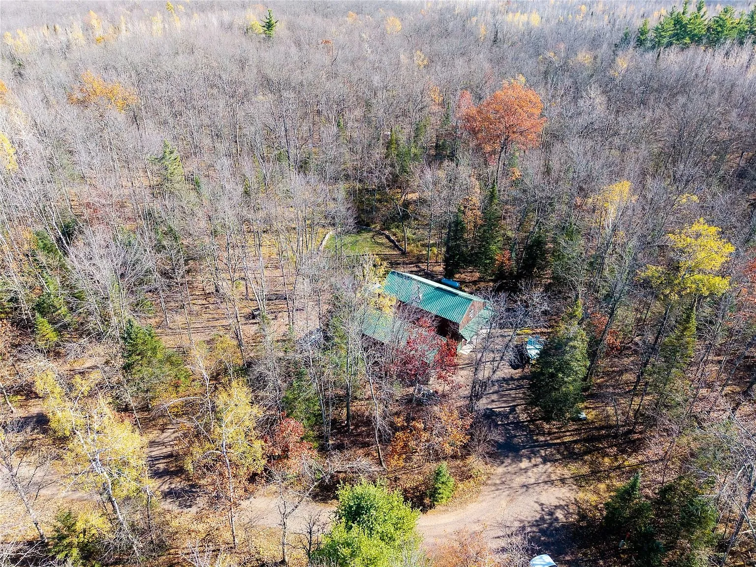 Aerial view of the home and clearing from directly overhead