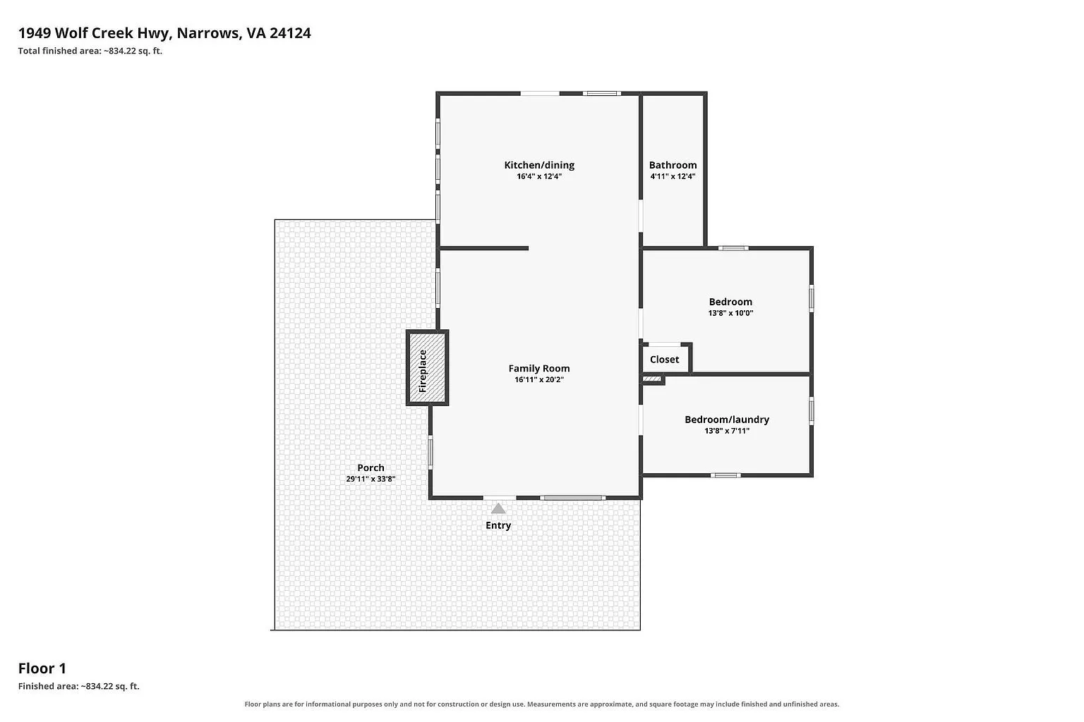 The floor plan, about 834 square feet on one level with a wraparound porch