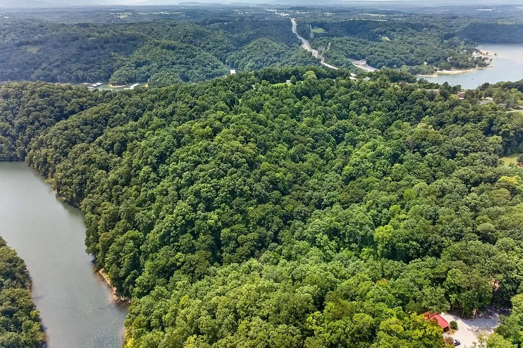A distant aerial view of the lake framed by forested hills