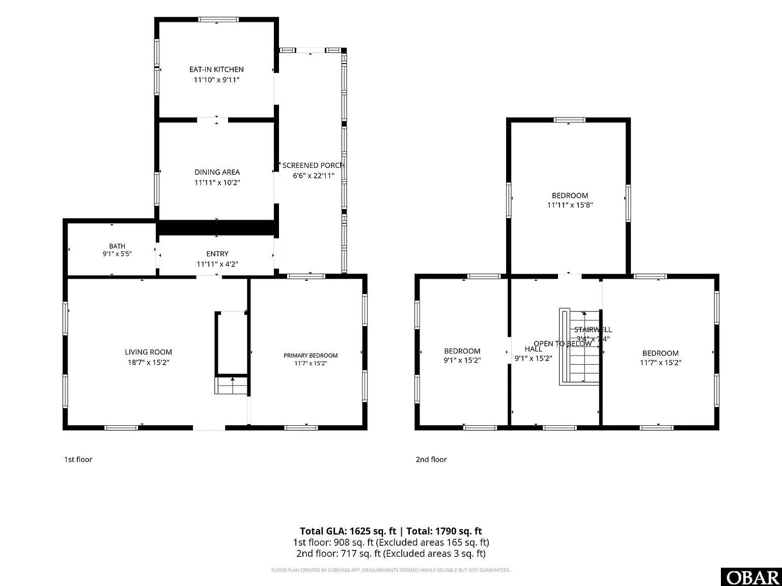 Floor plan of both floors showing 1,625 square feet of living area and a 165 square foot screened porch