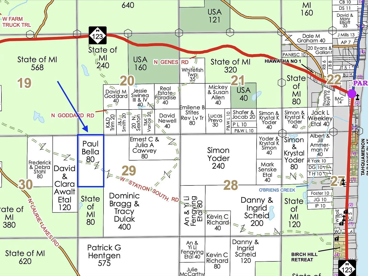 The listing's plat map showing the parcel with State of Michigan land adjoining
