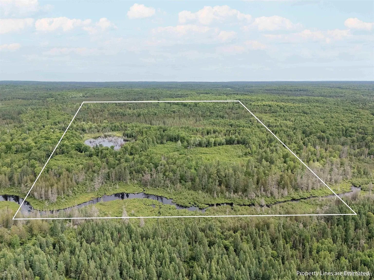 An aerial view with the estimated property lines overlaid on the timber and the creek along the south side