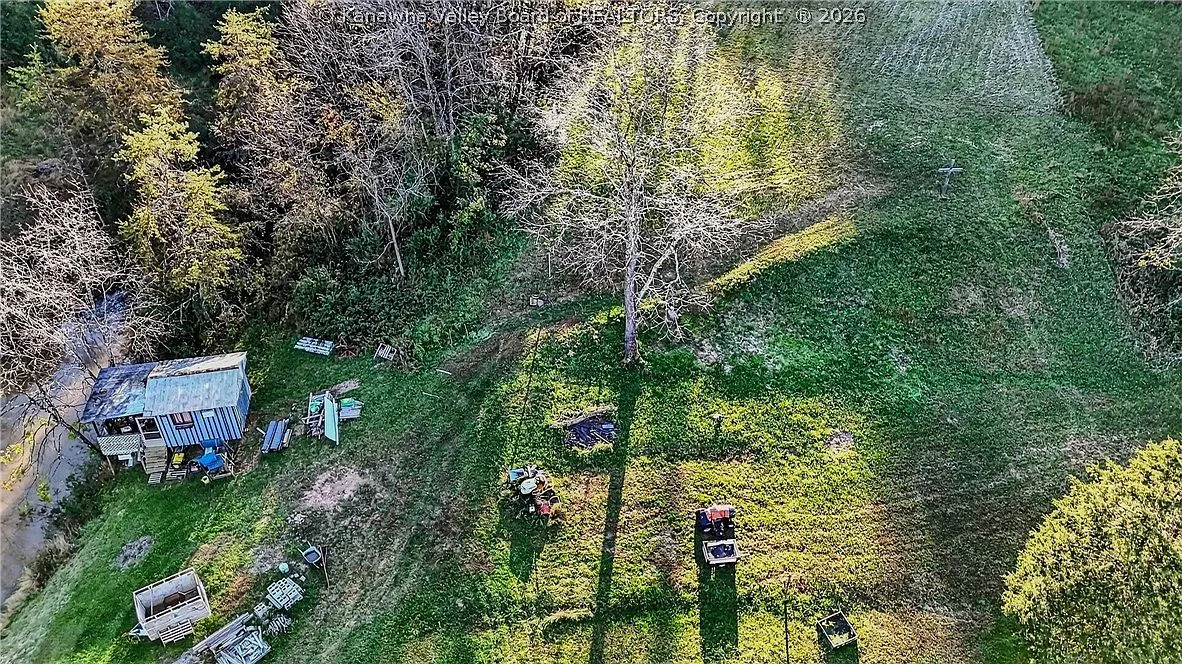 An aerial view of mowed pasture rows framed by autumn trees