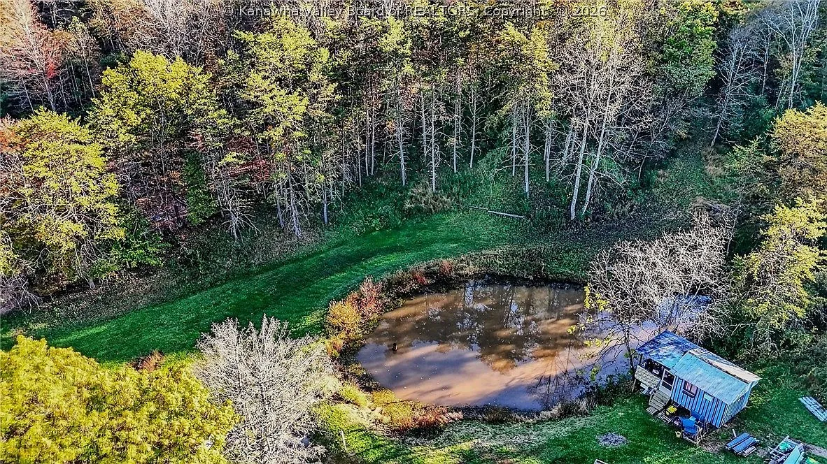 An aerial view of the creek, storage shed and garden area near the pond
