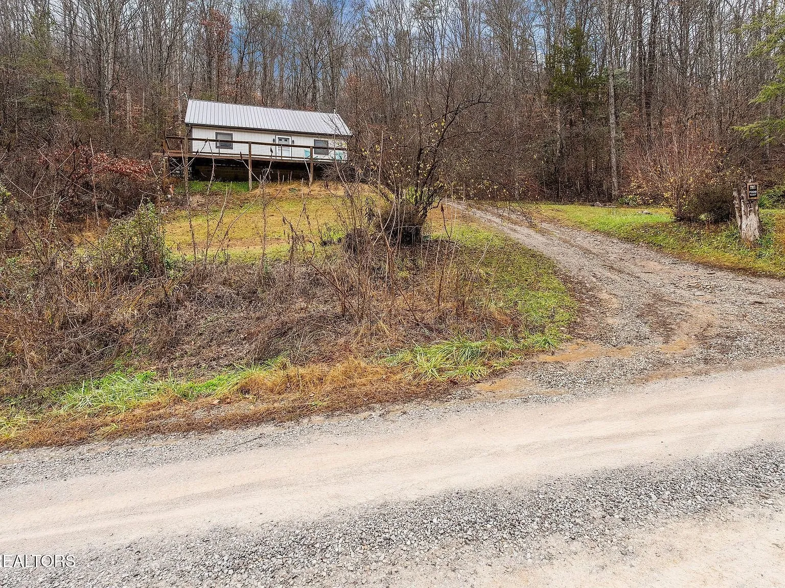 The wooded gravel driveway winding further onto the property