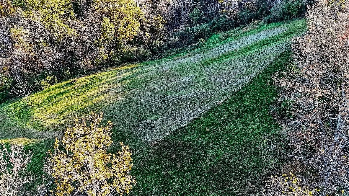 An aerial view of the pond, house and driveway from a distance