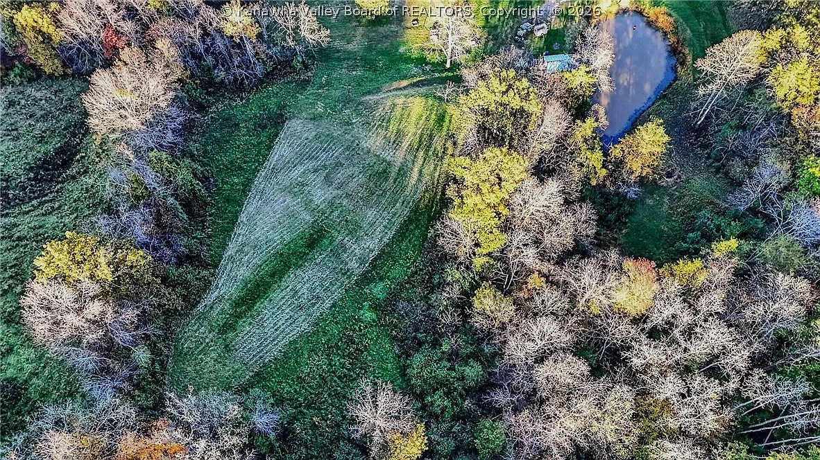 An aerial view of the house's gravel circular driveway and parking area