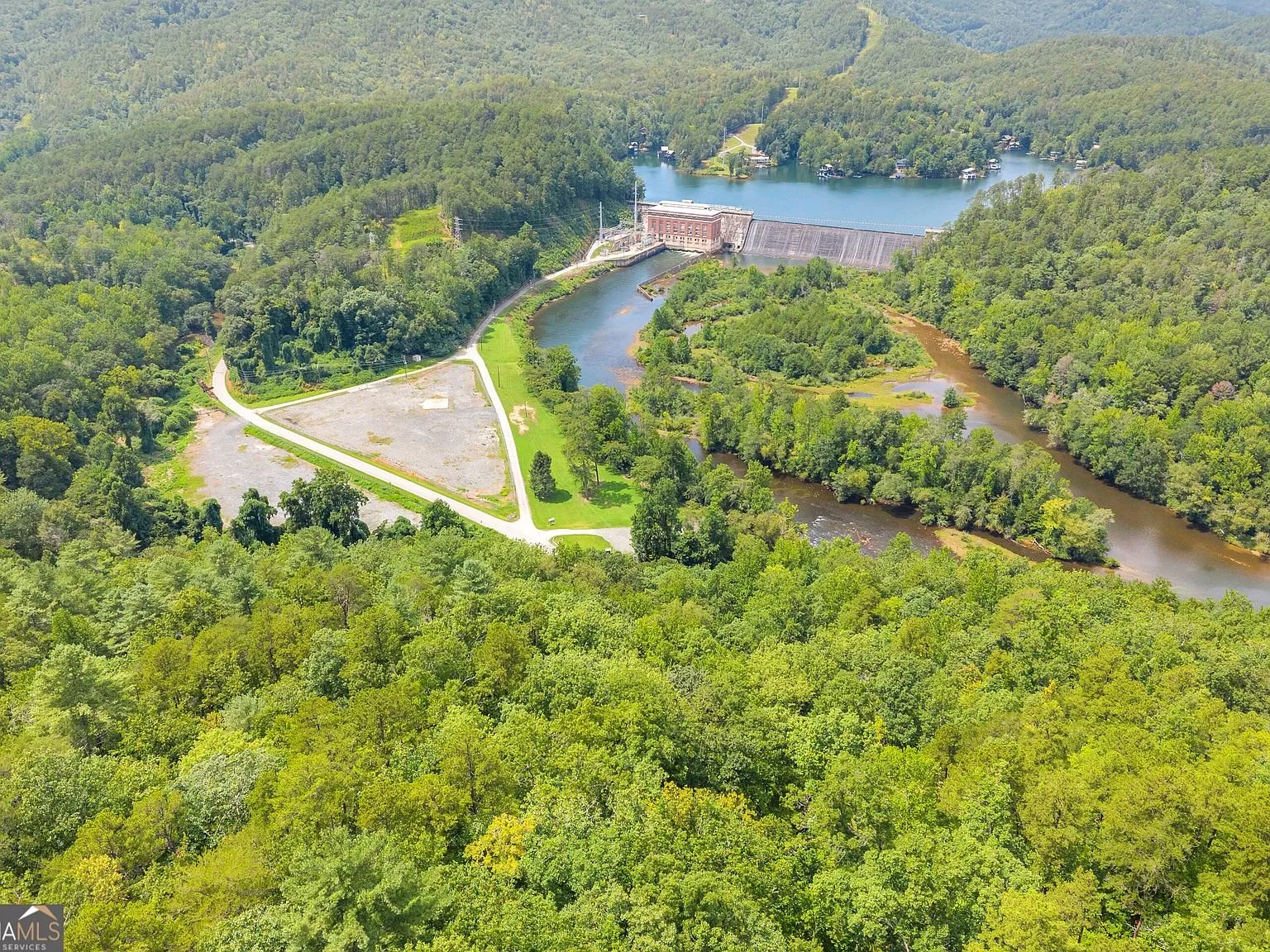 Ground-level view of the Tugaloo River running past the wooded bank
