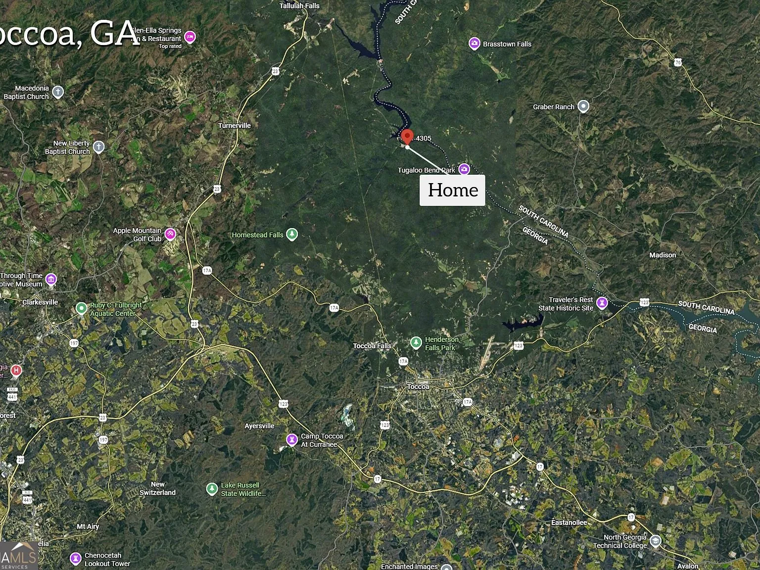 A satellite overview map marking the home's location relative to Toccoa and the Georgia-South Carolina state line