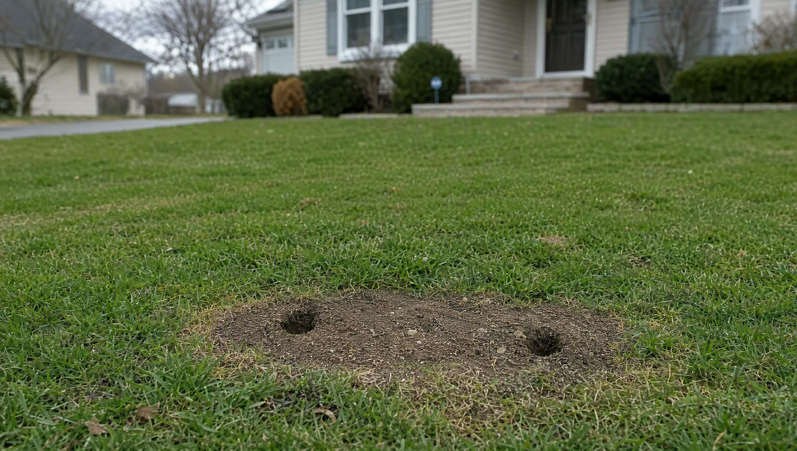 A front lawn with a bare rectangular patch where a yard sign once stood
