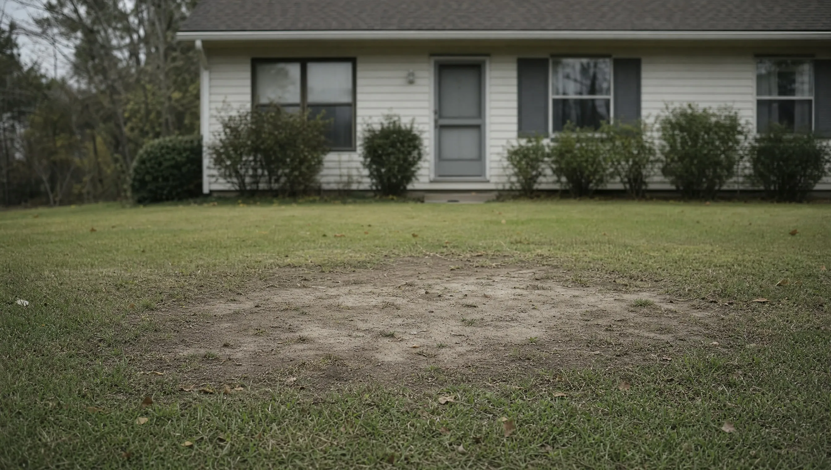 A bare patch of grass in an empty front yard