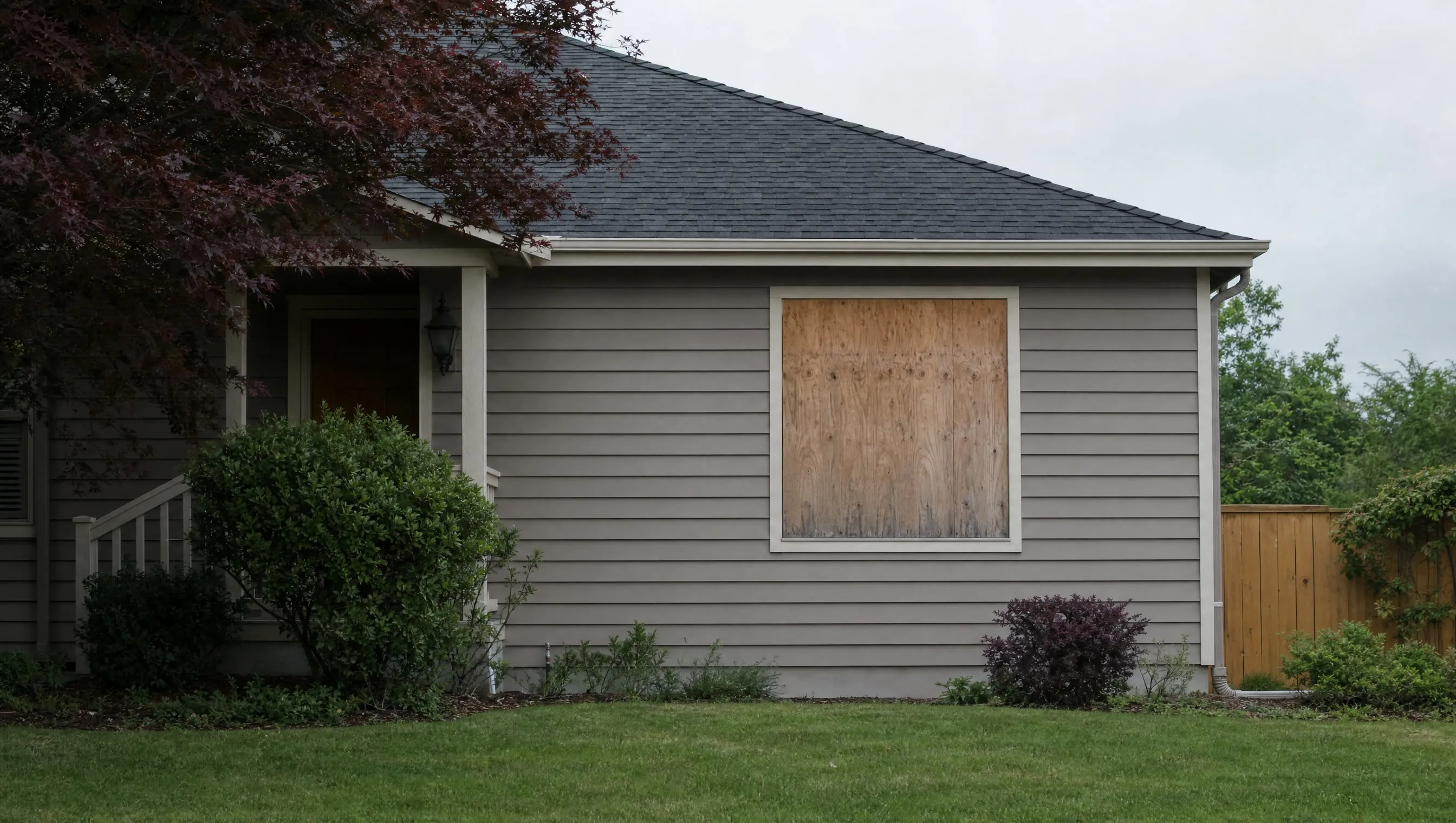 A single boarded-up window with weathered plywood on an otherwise ordinary house