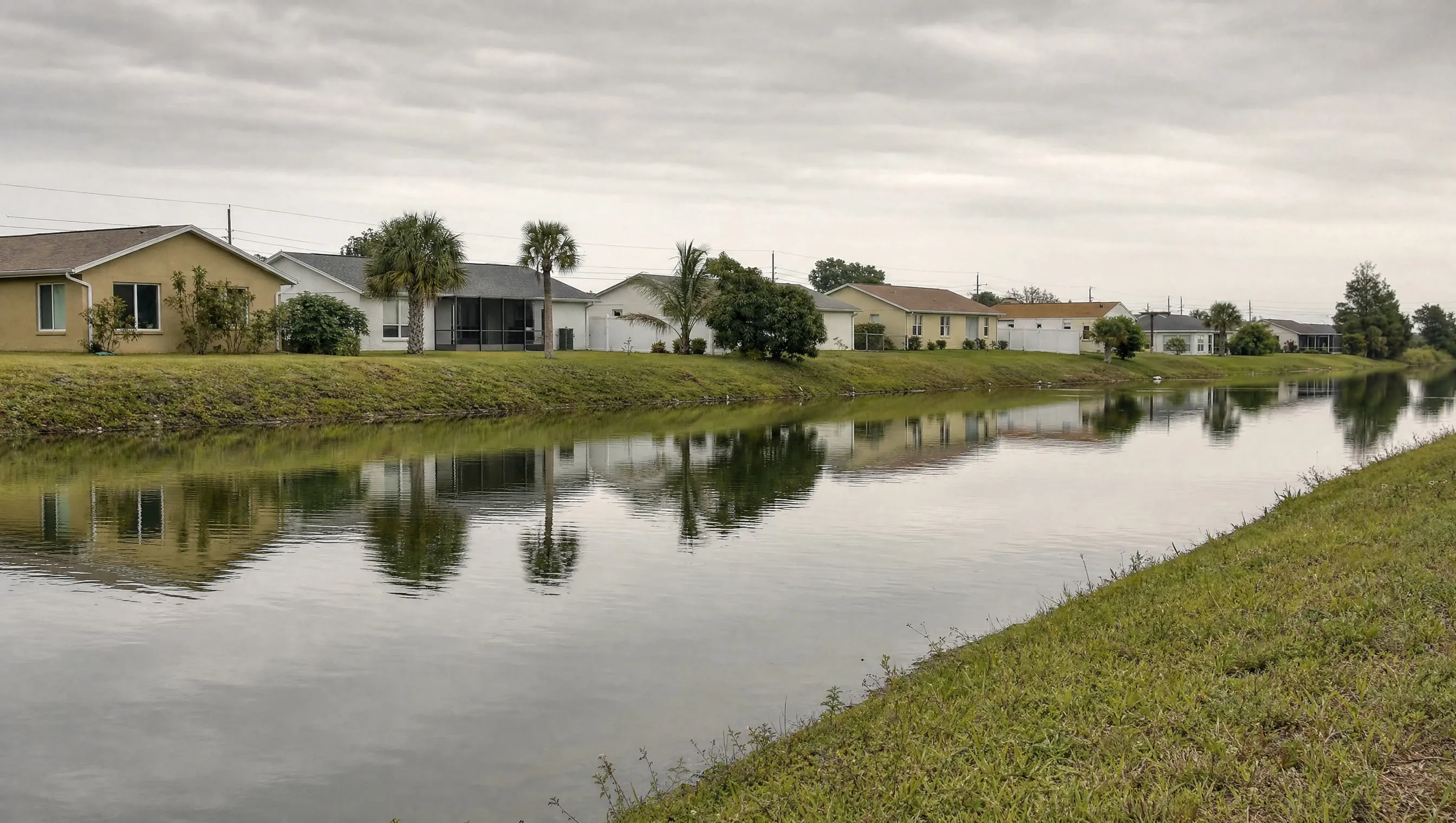 A still canal behind ordinary houses