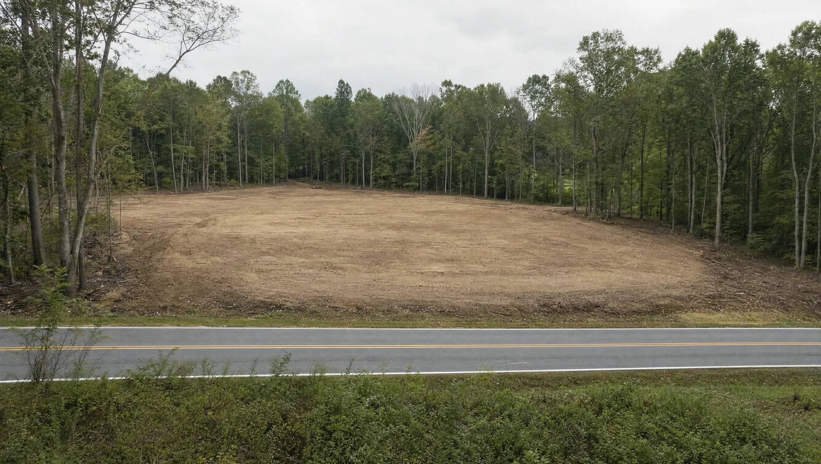 A cleared building site on wooded land with road frontage