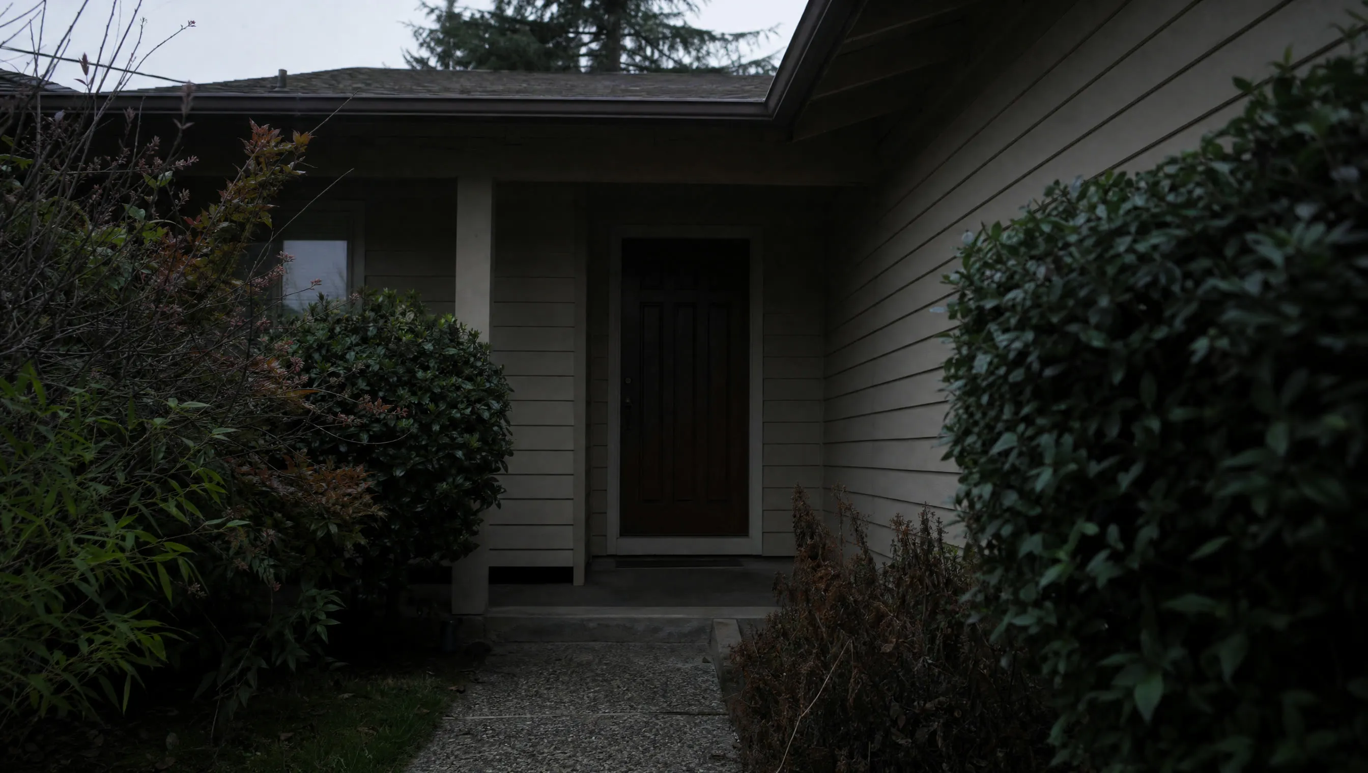 A closed front door and a dark covered porch at dusk