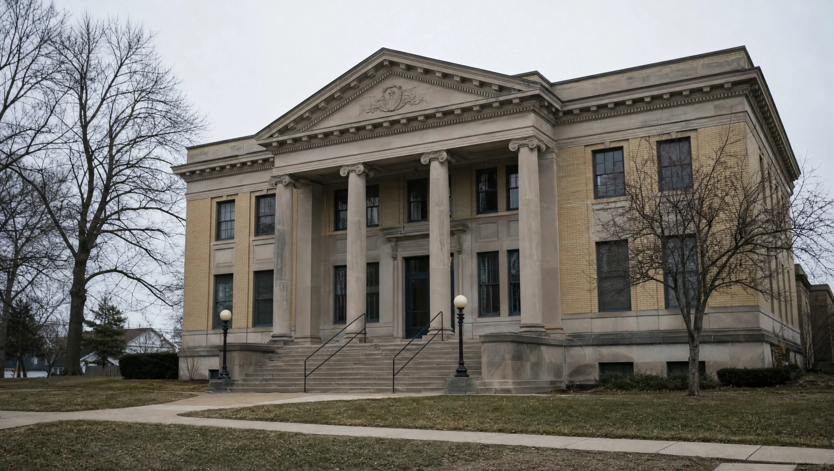A county courthouse exterior in neutral light