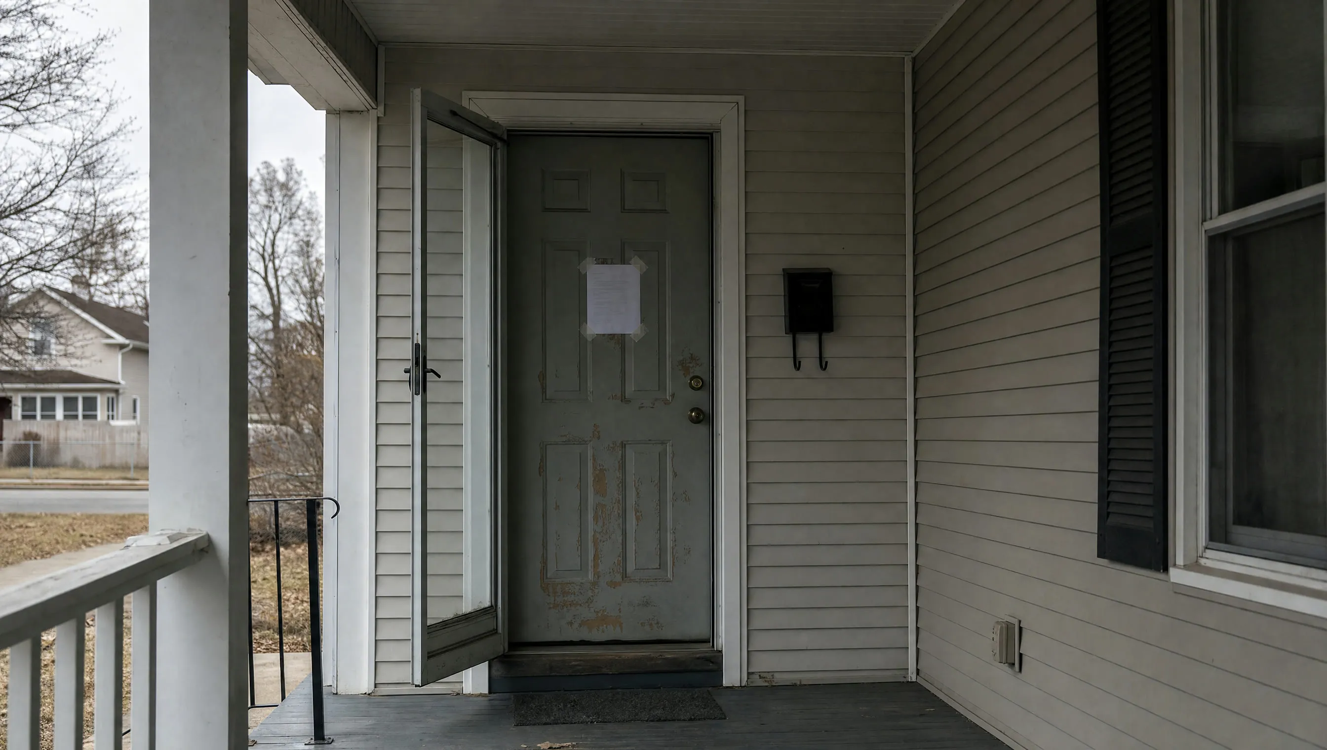 A notice taped to the front door of a modest house, seen from the covered porch on an overcast day