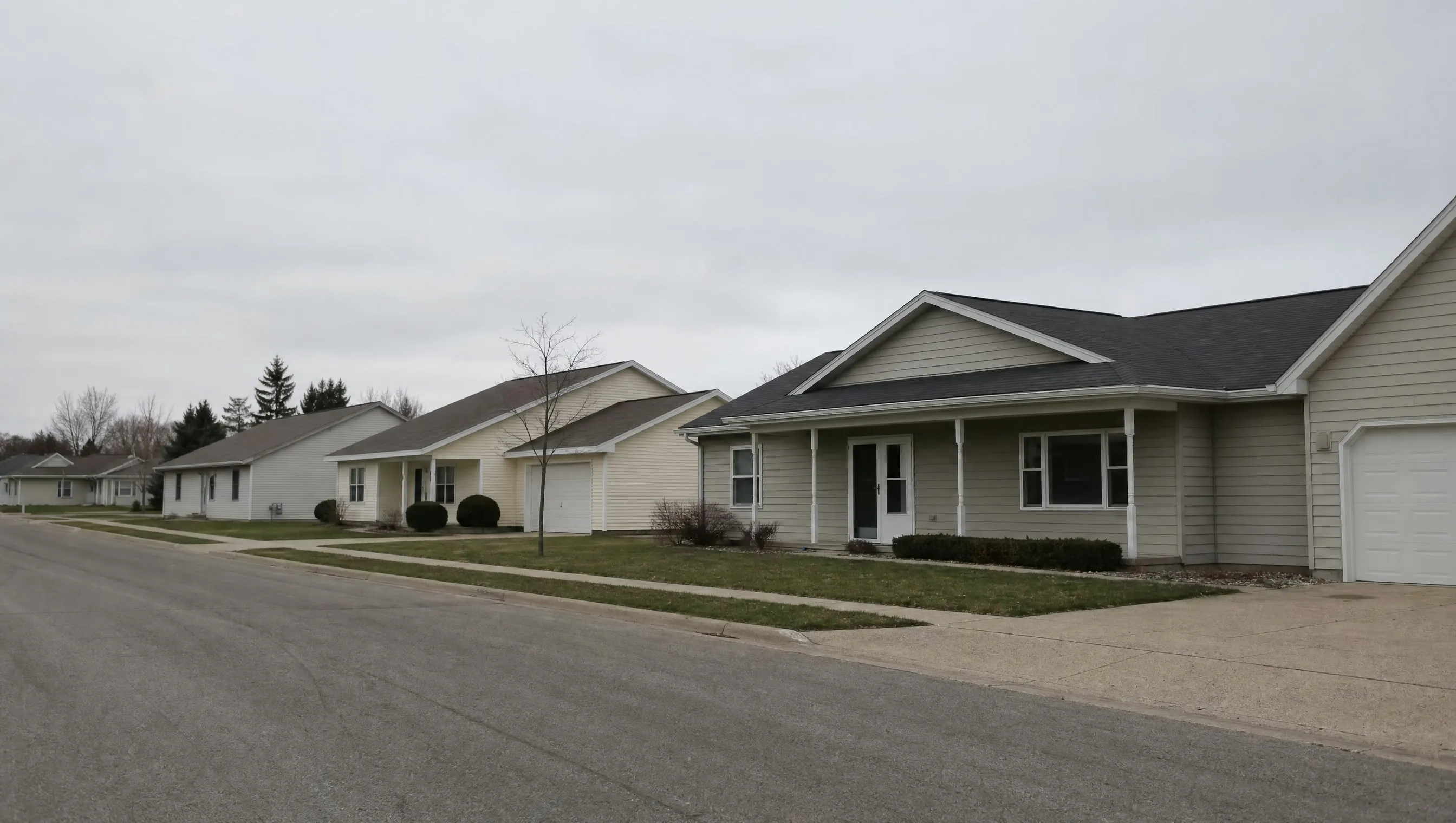 A quiet suburban street of modest homes under an overcast sky
