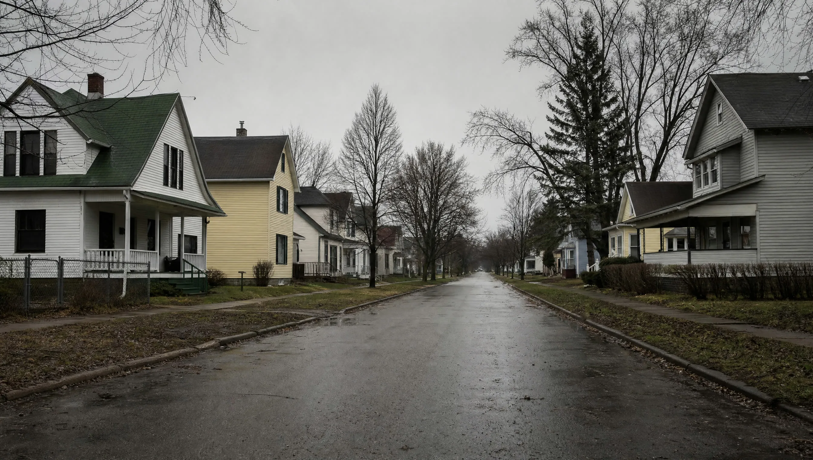 An empty residential street under flat grey light