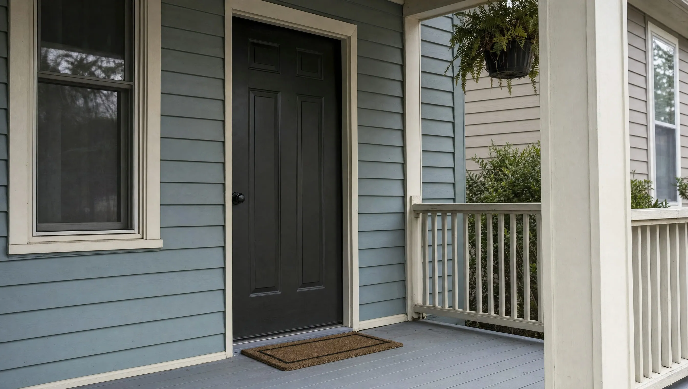 The front porch of an ordinary house in flat daylight