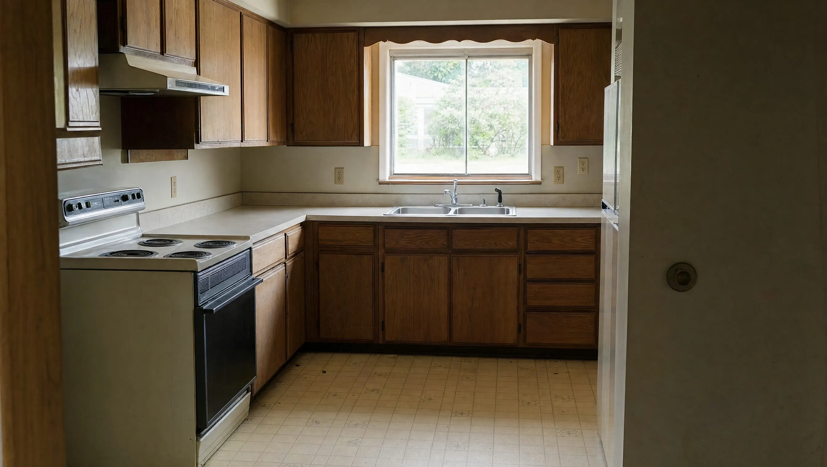 An empty kitchen with dated oak cabinets and worn counters in daylight