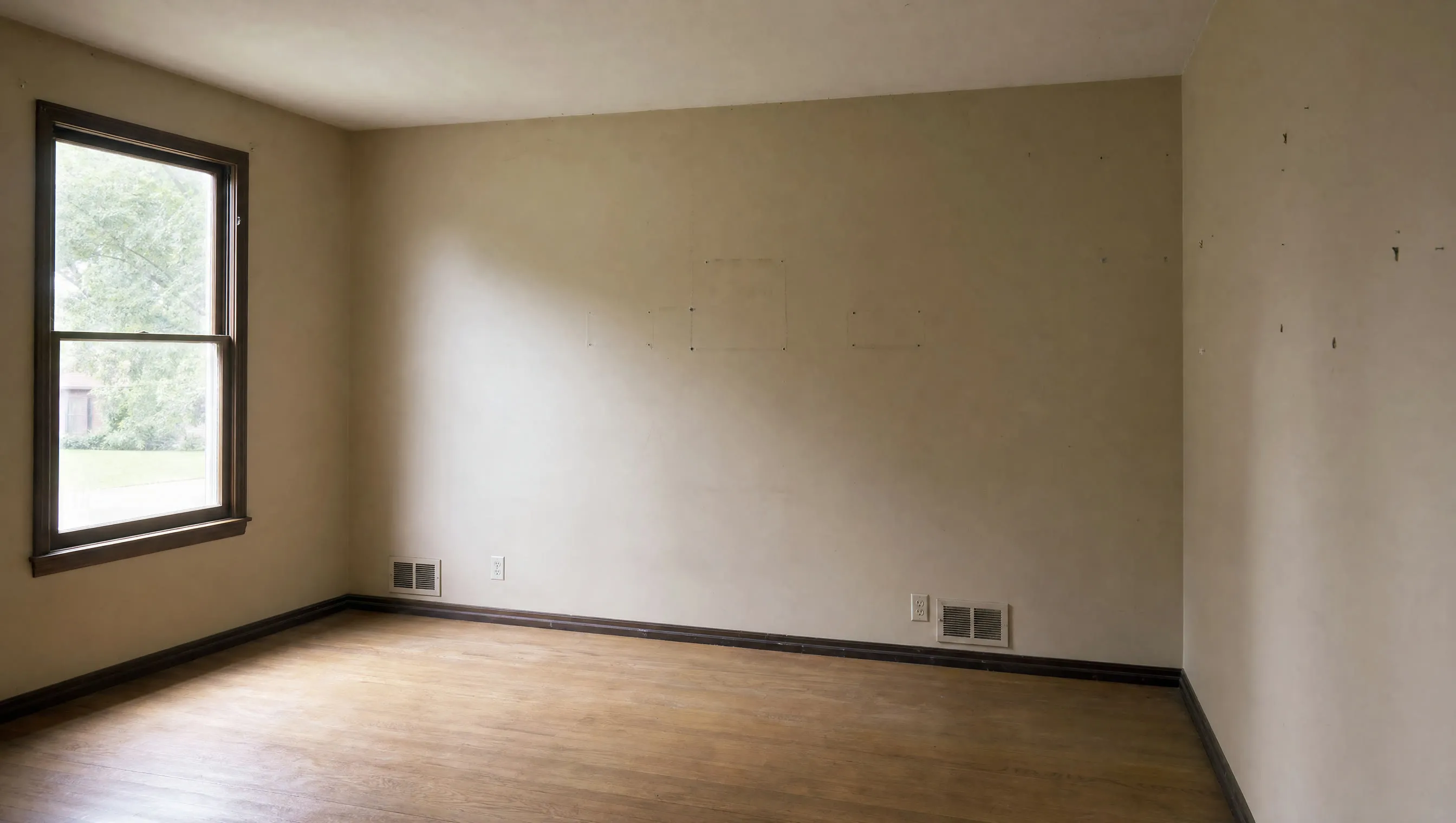 An empty living room with bare walls and daylight from one window