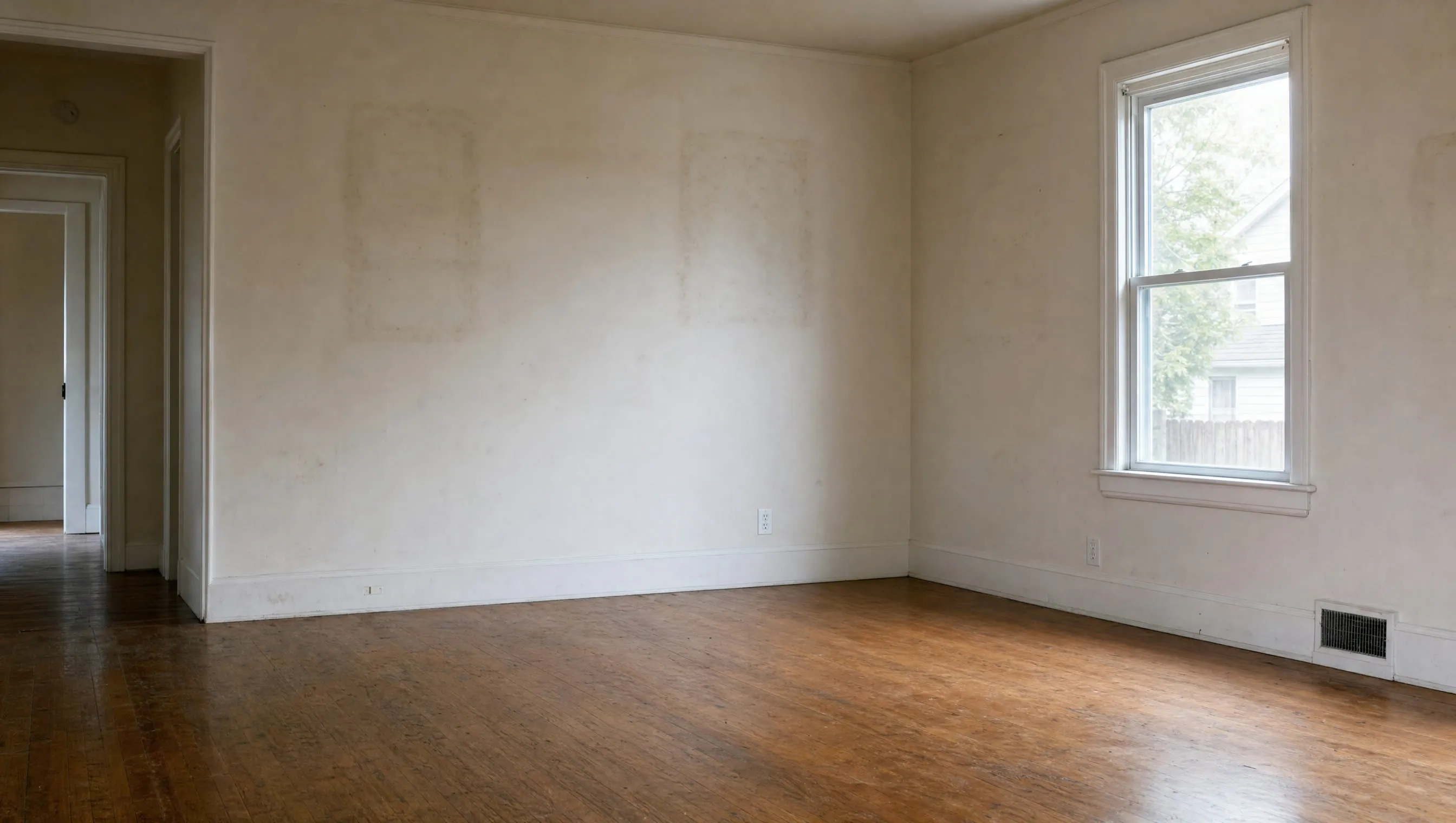 An empty living room with bare walls and faint marks where pictures once hung