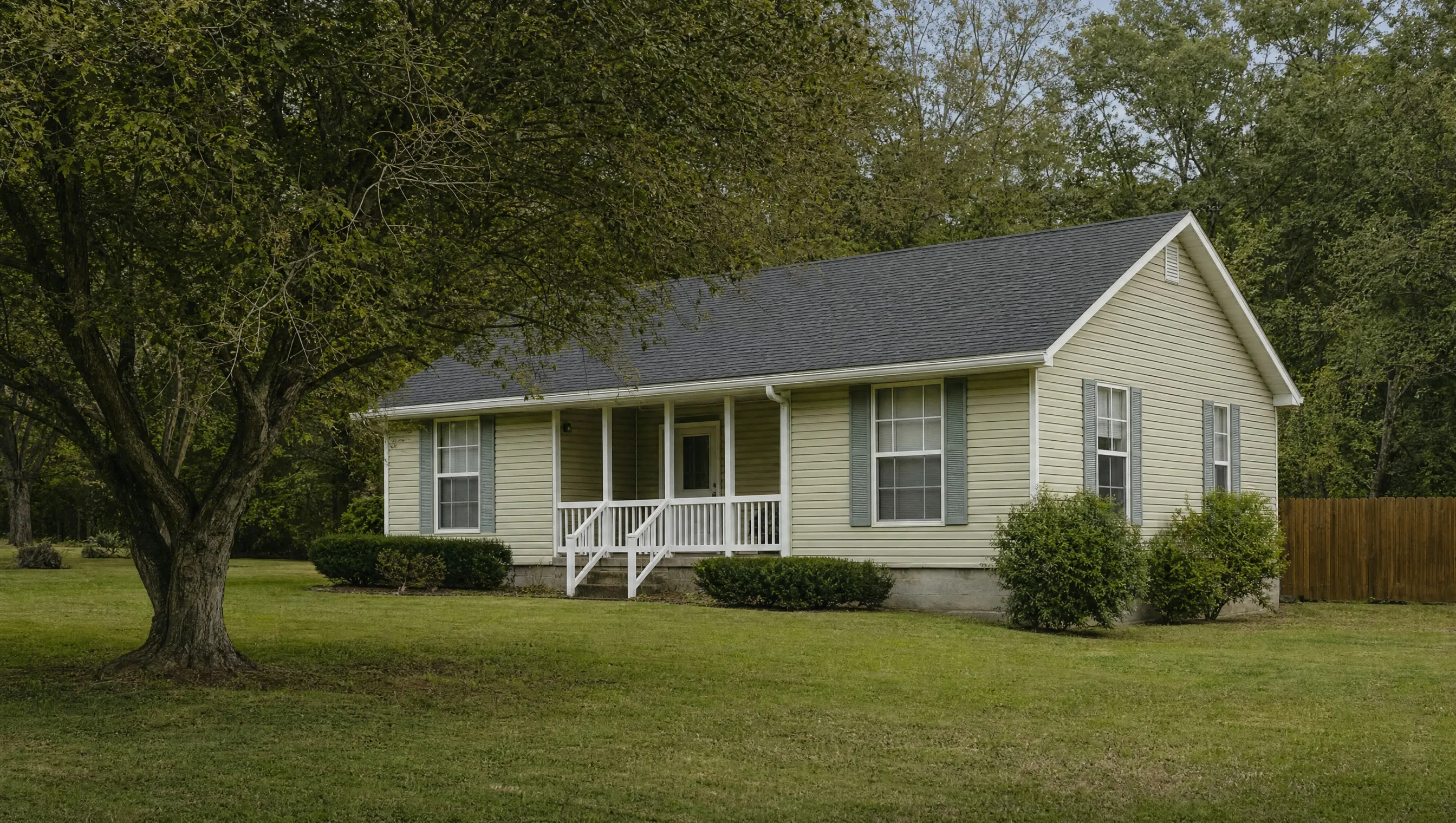 A modest single-story house on a generous lot in soft light