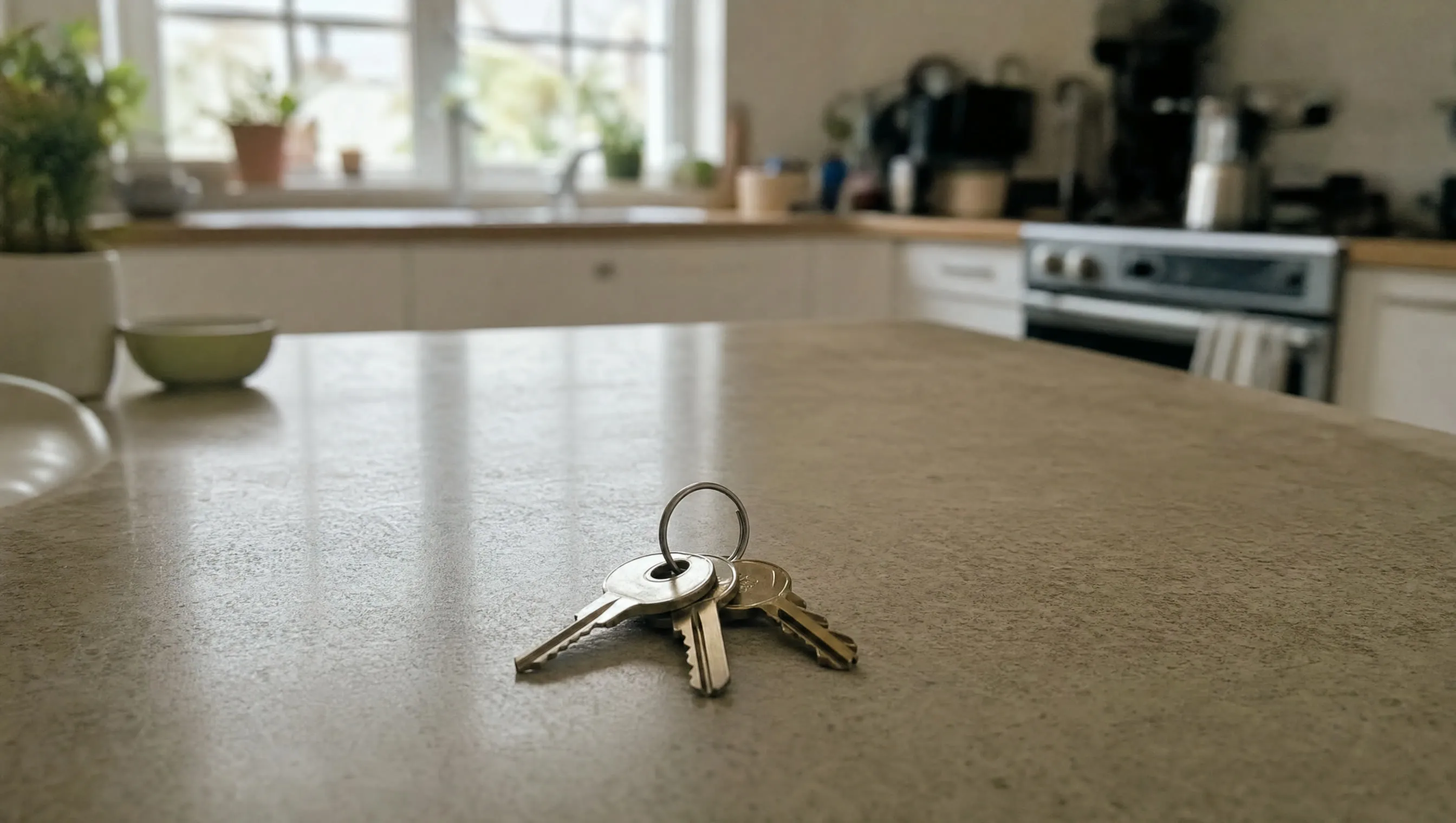 A set of house keys on a plain ring resting on a kitchen countertop