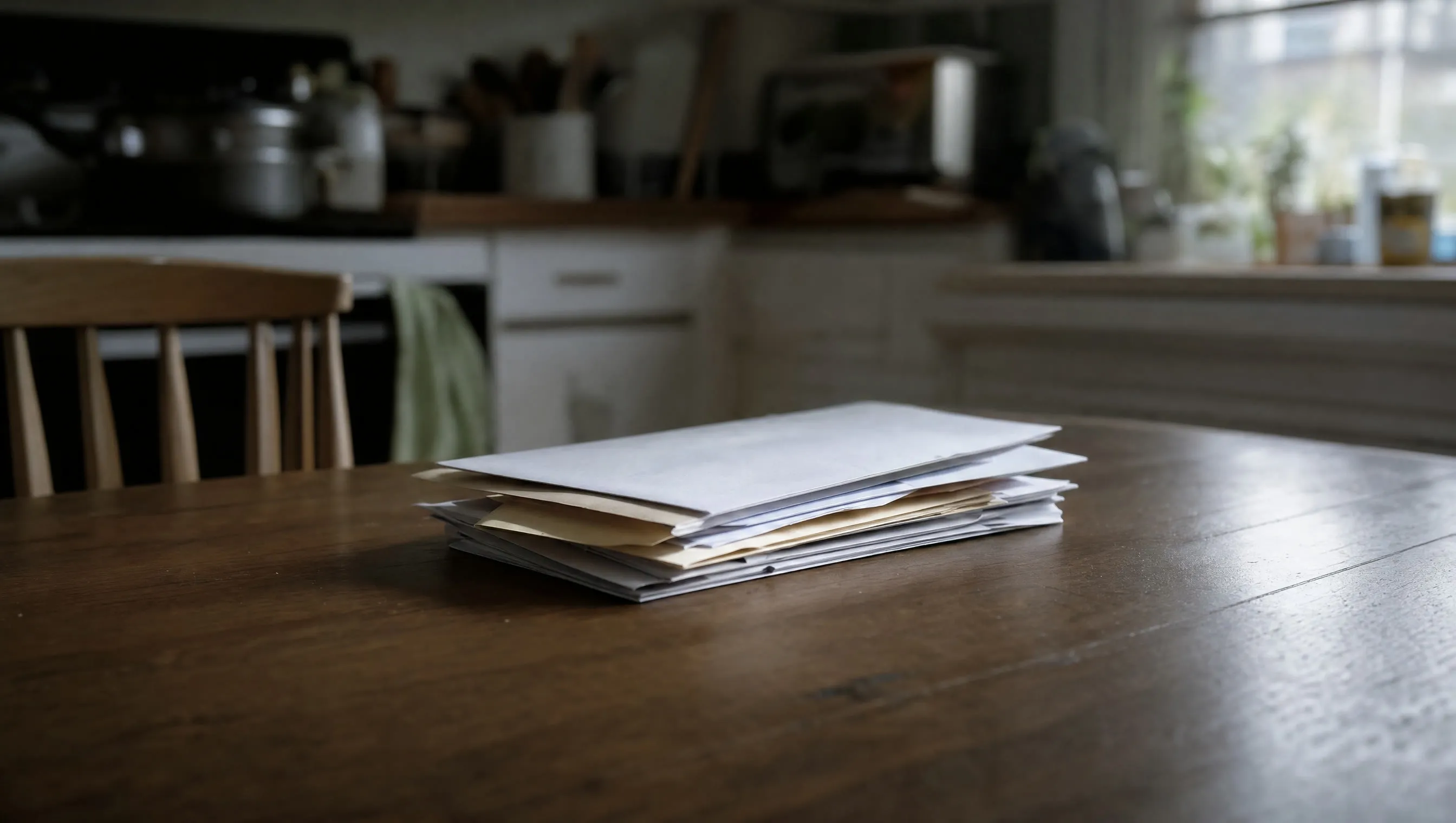 An unopened stack of mail on a kitchen table in morning light