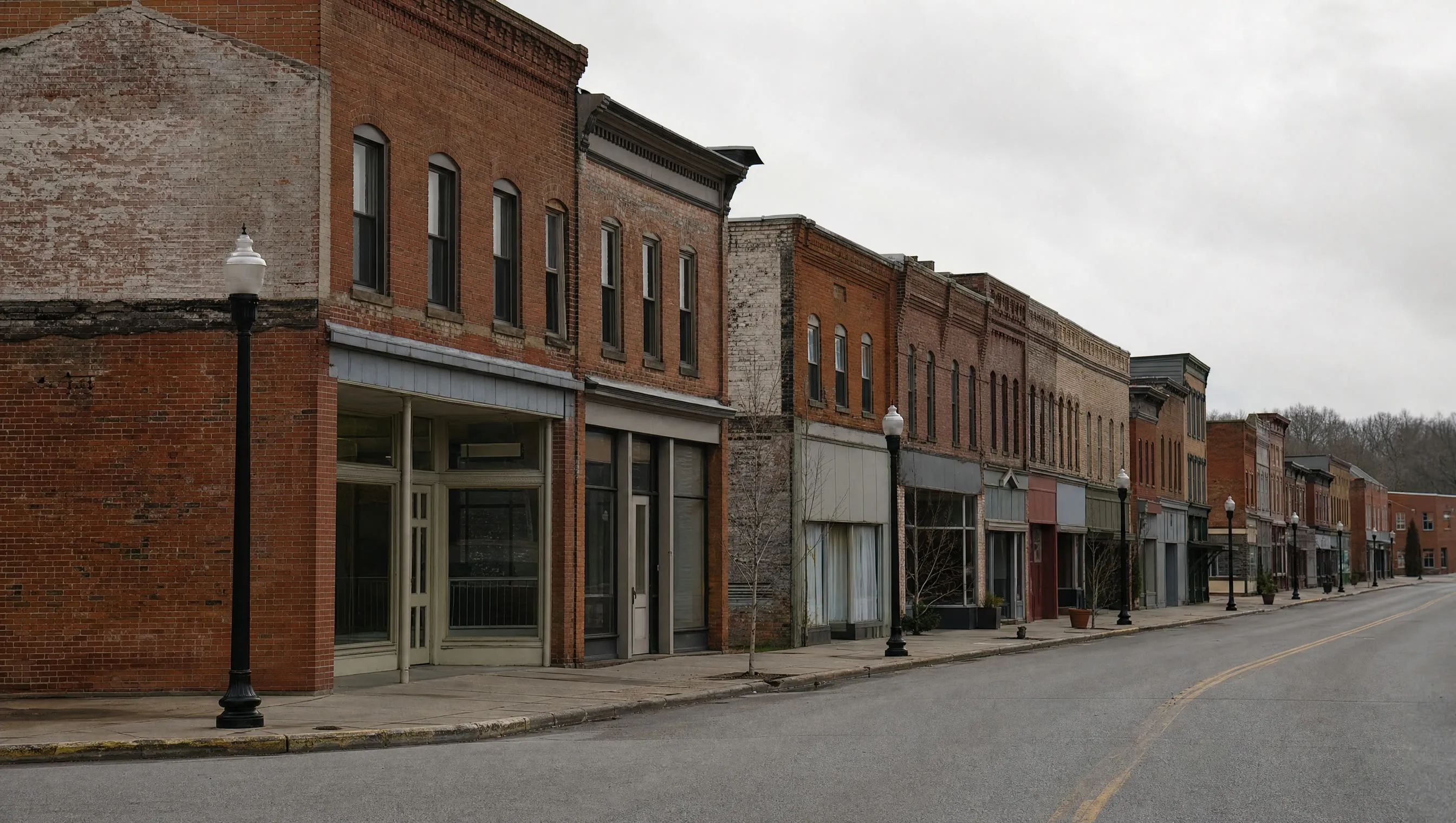 An older brick main street, empty, under an overcast sky