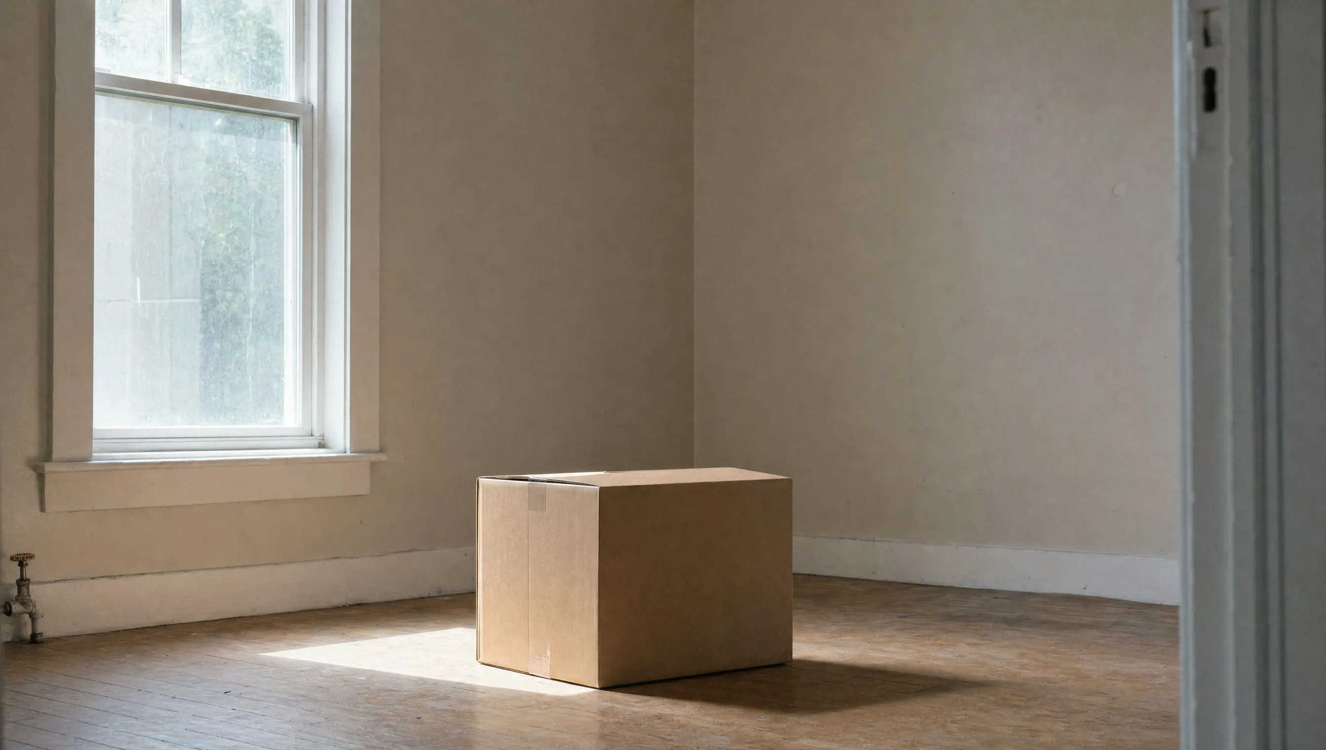 A single unmarked moving box on the floor of an empty room