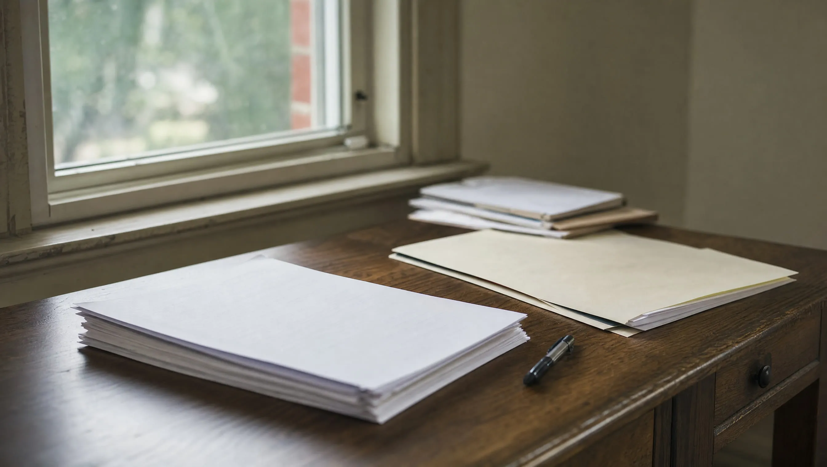 A stack of paperwork and a pen on a plain desk in window light