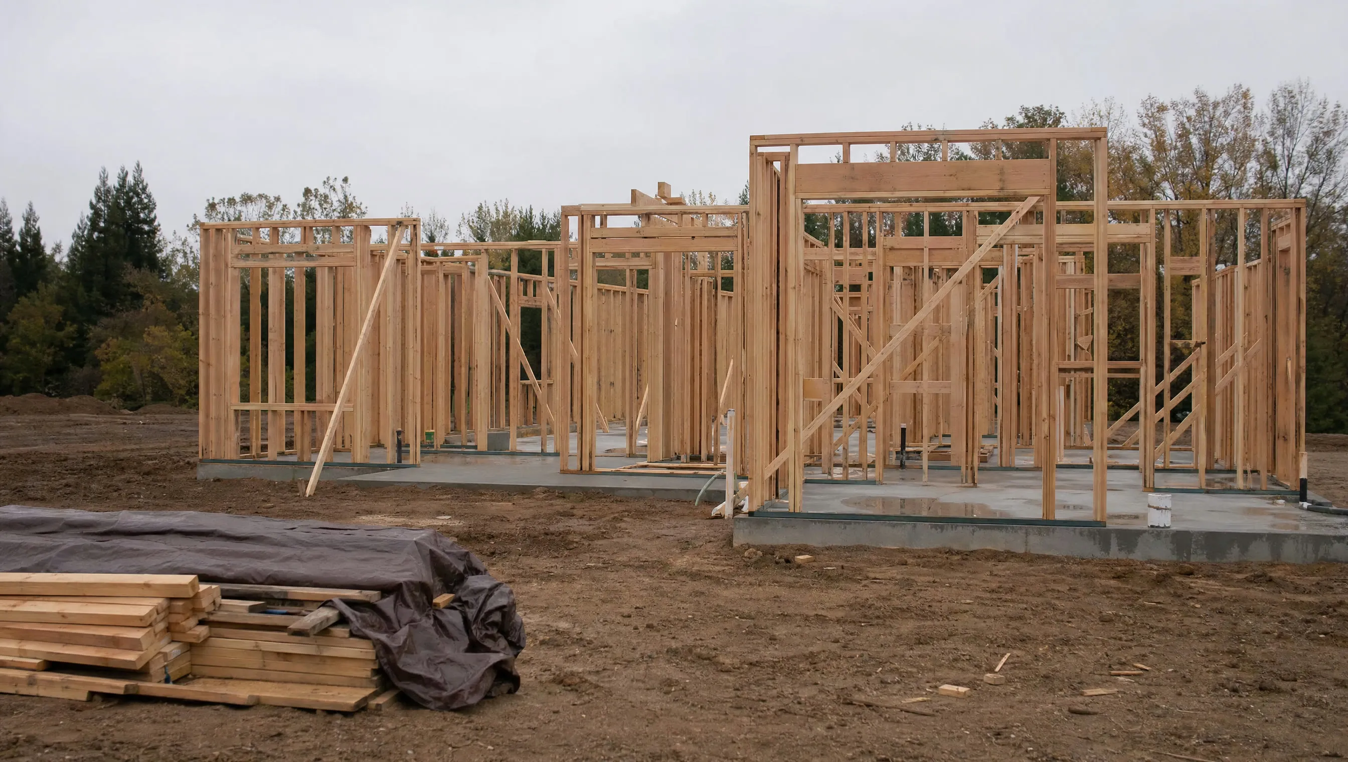 A half-built house frame standing on a bare lot with construction paused