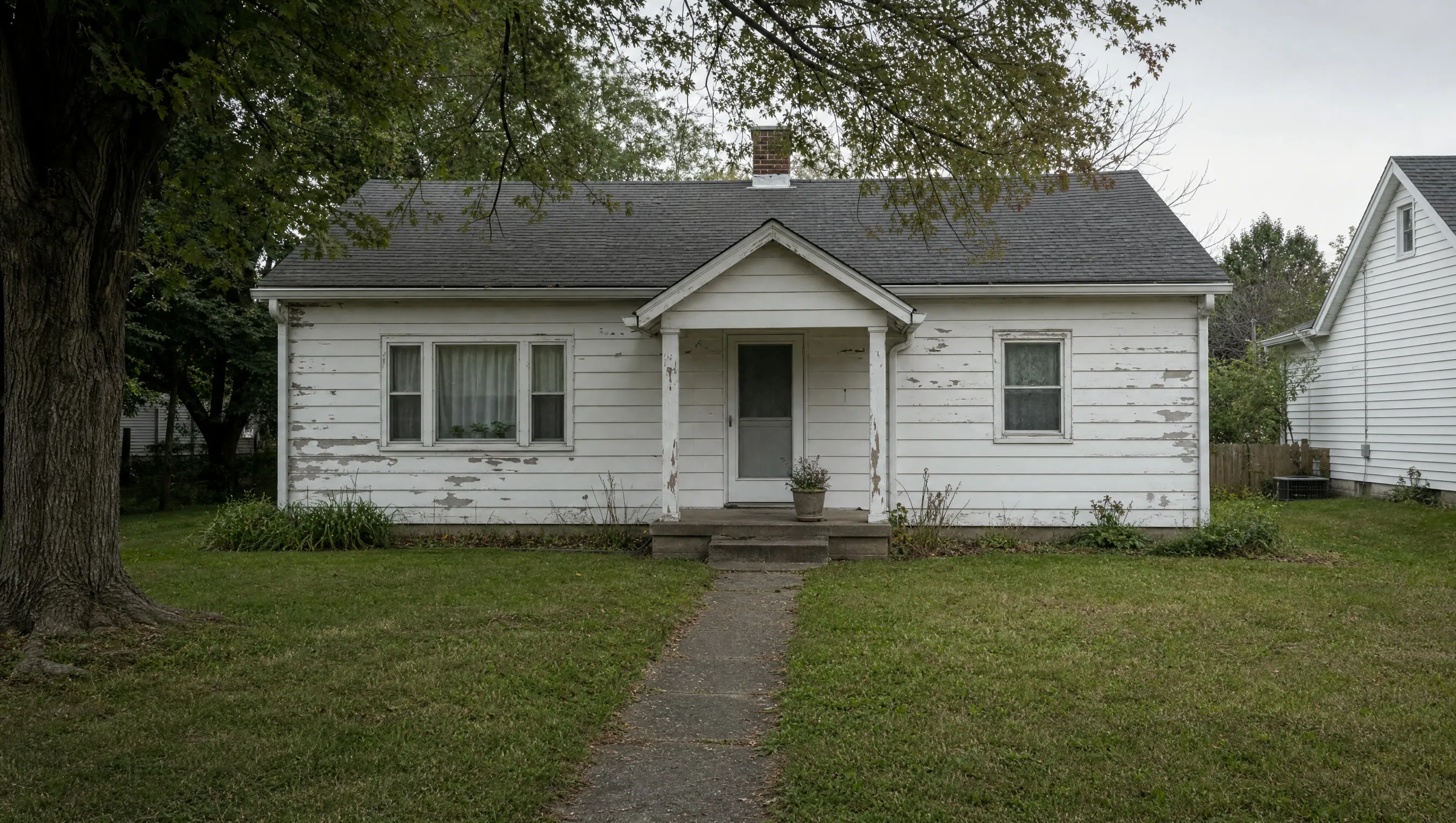 A modest house with peeling paint on the siding, curtains in the windows and a mowed lawn