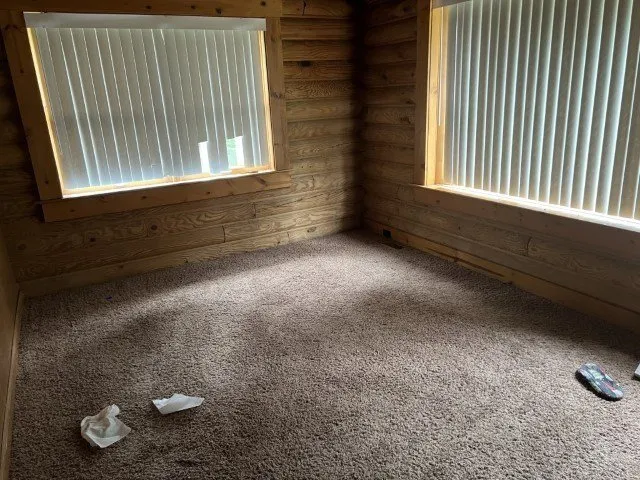 A carpeted bedroom with two windows